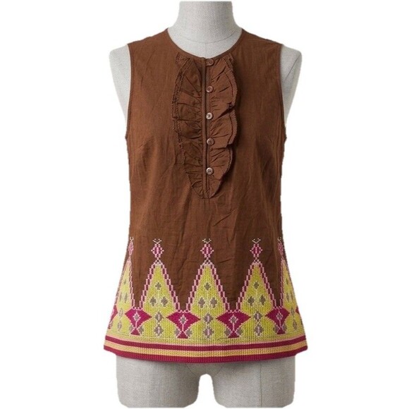 Tory Burch Tops - Tory Burch Tunic Top Size 10 Brown Yellow Embellished Ruffle Silk Boho V-Neck